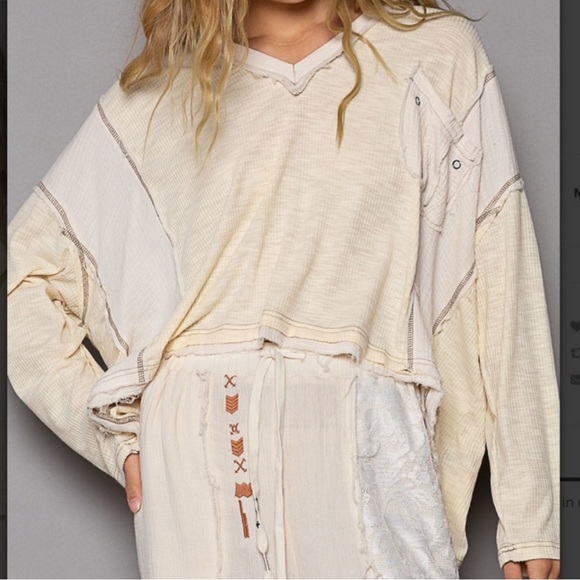 POL V-Neck Ribbed & Double Gauze Oversized Top - Picture 6 of 13